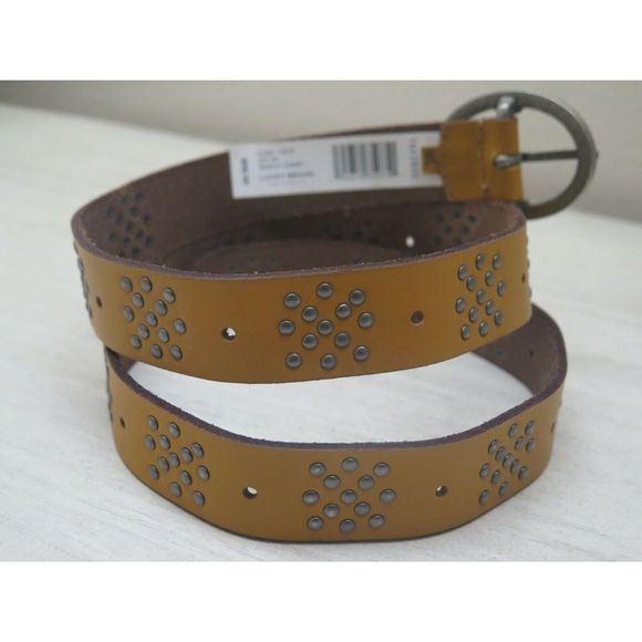 LUCKY BRAND WOMENS SZ M/L COGNAC BROWN LEATHER SILVER TONED STUDDED BELT $60+ - Picture 2 of 9